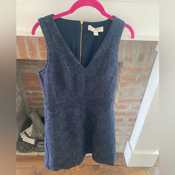 Michael Kors Navy & Gold Flecked Knee Length Dress Luxury V Neck Medium Autumn - Picture 1 of 7